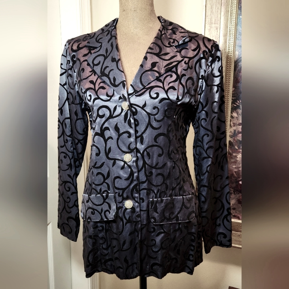 Jenna Lane New York Steel Blue And Black Scroll Women's Blazer Jacket - Vintage